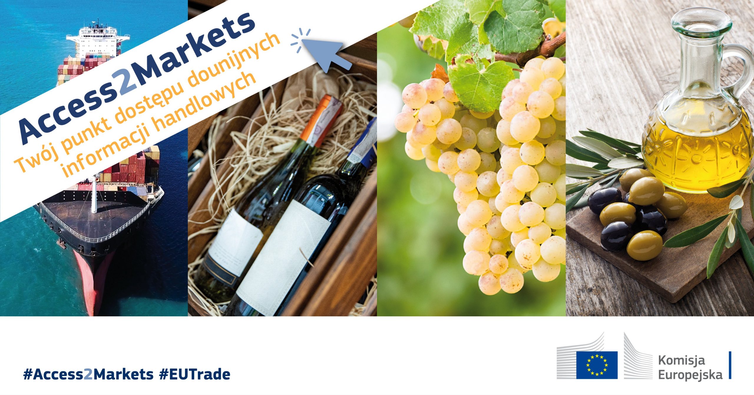 Grafika reklamujaca portal dot. warunków importu/eksportu UE z krajami trzecimi. Na grafice widać statek z kontenerami, koszyk z butelkami wina, winorgona i oliwę z oliwek.